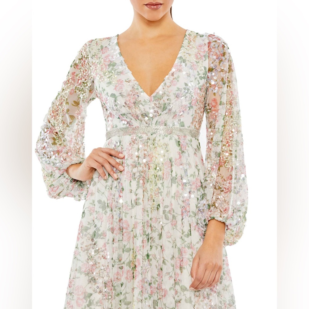Mac Duggal Floral Midi Dress - White and Pink - Picture 3 of 16